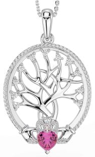 Diamond Pink Tourmaline White Gold Claddagh Tree of Life Necklace