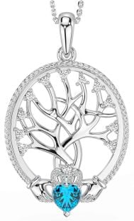 Diamond Topaz White Gold Claddagh Tree of Life Necklace