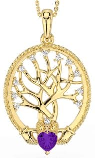 Diamond Amethyst Gold Claddagh Tree of Life Necklace