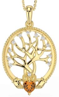 Diamond Citrine Gold Claddagh Tree of Life Necklace