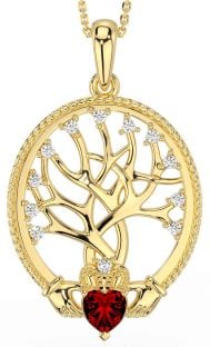 Diamond Garnet Gold Claddagh Tree of Life Necklace