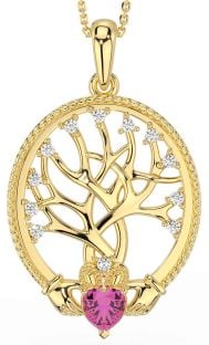 Diamond Pink Tourmaline Gold Claddagh Tree of Life Necklace