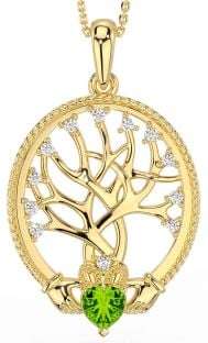 Diamond Peridot Gold Claddagh Tree of Life Necklace