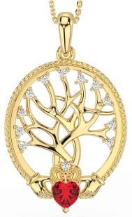 Diamond Ruby Gold Claddagh Tree of Life Necklace