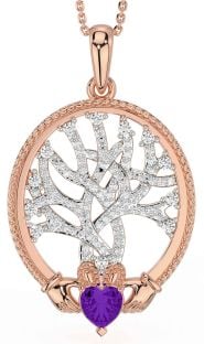 Diamond Amethyst Rose Gold Silver Claddagh Celtic Tree of Life Necklace