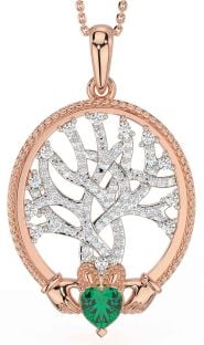 Diamond Emerald Rose Gold Silver Claddagh Celtic Tree of Life Necklace