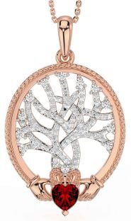 Diamond Garnet Rose Gold Silver Claddagh Celtic Tree of Life Necklace