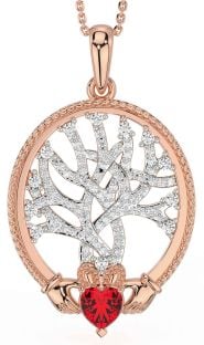 Diamond Ruby Rose Gold Silver Claddagh Celtic Tree of Life Necklace