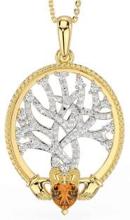 Diamant Citrin Gold Silber Claddagh keltisch Baum von Leben Halskette