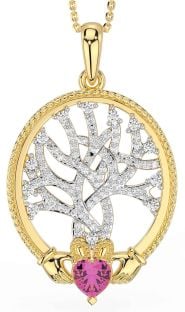 Diamond Pink Tourmaline Gold Silver Claddagh Celtic Tree of Life Necklace