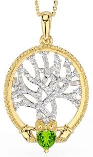 Diamond Peridot Gold Silver Claddagh Celtic Tree of Life Necklace