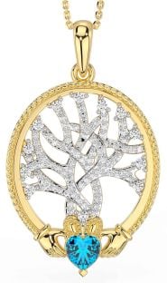 Diamond Topaz Gold Silver Claddagh Celtic Tree of Life Necklace