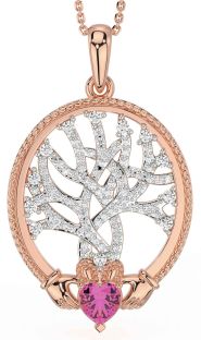 Diamond Pink Tourmaline Rose Gold Claddagh Celtic Tree of Life Necklace