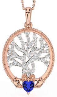 Diamond Sapphire Rose Gold Claddagh Celtic Tree of Life Necklace