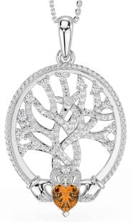 Diamond Citrine Silver Claddagh Celtic Tree of Life Necklace