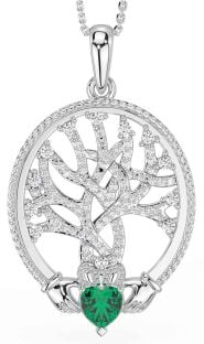 Diamond Emerald Silver Claddagh Celtic Tree of Life Necklace