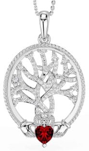 Diamond Garnet Silver Claddagh Celtic Tree of Life Necklace