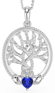 Diamond Sapphire Silver Claddagh Celtic Tree of Life Necklace