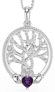 Diamond Alexandrite White Gold Claddagh Celtic Tree of Life Necklace