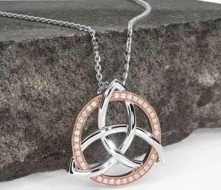 Diamond Rose Gold Silver Celtic Trinity Knot Necklace