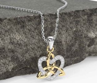 Diamond White Yellow Gold Celtic Trinity Knot Heart Necklace