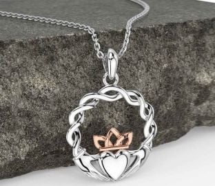 Rose Gold Silver Celtic Claddagh Necklace