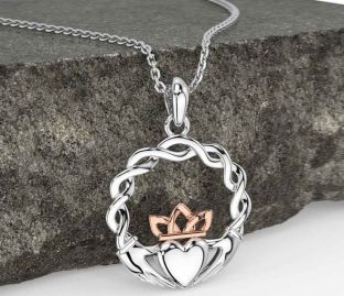 White Rose Gold Celtic Claddagh Necklace