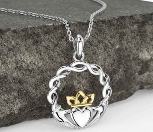 White Yellow Gold Celtic Claddagh Necklace