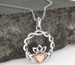 White Rose Gold Celtic Claddagh Necklace