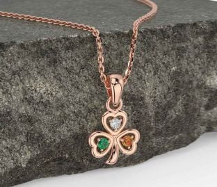 Diamond Emerald Rose Gold Silver Shamrock Necklace
