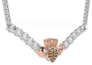 Diamond Citrine Rose Gold Silver Claddagh Necklace