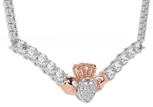 Diamond Rose Gold Silver Claddagh Necklace