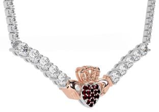 Diamond Garnet Rose Gold Silver Claddagh Necklace