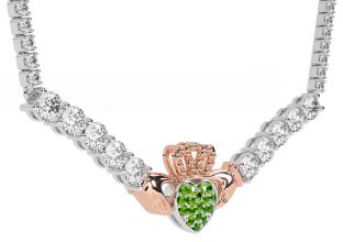 Diamond Peridot Rose Gold Silver Claddagh Necklace