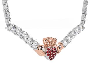 Diamond Ruby Rose Gold Silver Claddagh Necklace