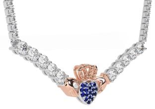 Diamond Sapphire Rose Gold Silver Claddagh Necklace