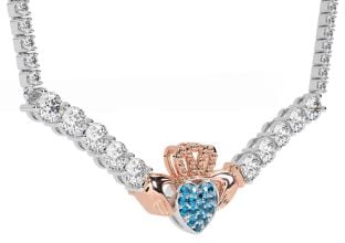 Diamond Topaz Rose Gold Silver Claddagh Necklace