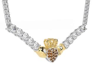 Diamond Citrine Gold Silver Claddagh Necklace