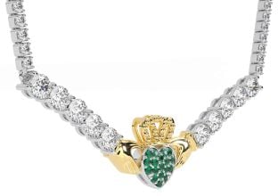 Diamond Emerald Gold Silver Claddagh Necklace