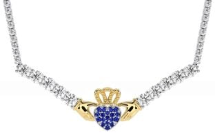 Diamond Sapphire Gold Silver Claddagh Necklace