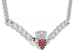 Diamond Ruby Silver Claddagh Necklace