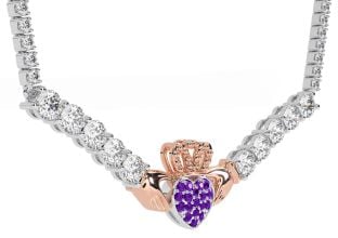 Diamond Amethyst Rose Gold Silver Claddagh Necklace