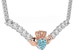 Diamond Aquamarine Rose Gold Silver Claddagh Necklace