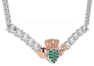 Diamond Emerald Rose Gold Silver Claddagh Necklace