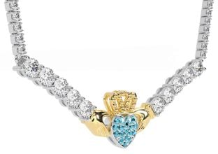 Diamond Aquamarine Gold Silver Claddagh Necklace