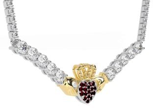 Diamond Garnet Gold Silver Claddagh Necklace