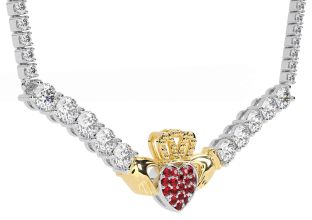 Diamond Ruby Gold Silver Claddagh Necklace