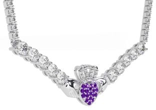 Diamond Amethyst White Gold Claddagh Necklace