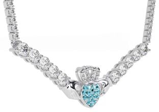 Diamond Aquamarine White Gold Claddagh Necklace