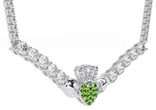 Diamond Peridot White Gold Claddagh Necklace